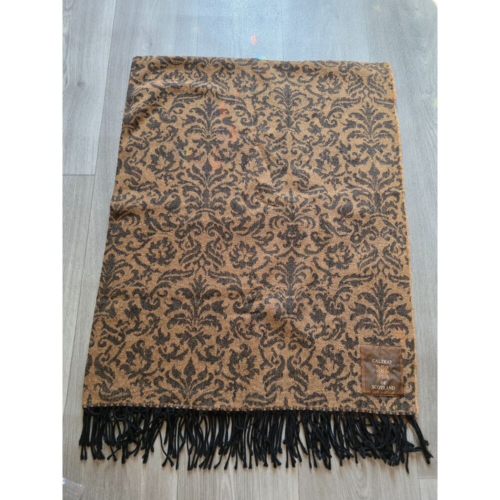 Calzeat Of Scotland Vintage Wool Brown & Black Damask Throw Blanket 46"x56"